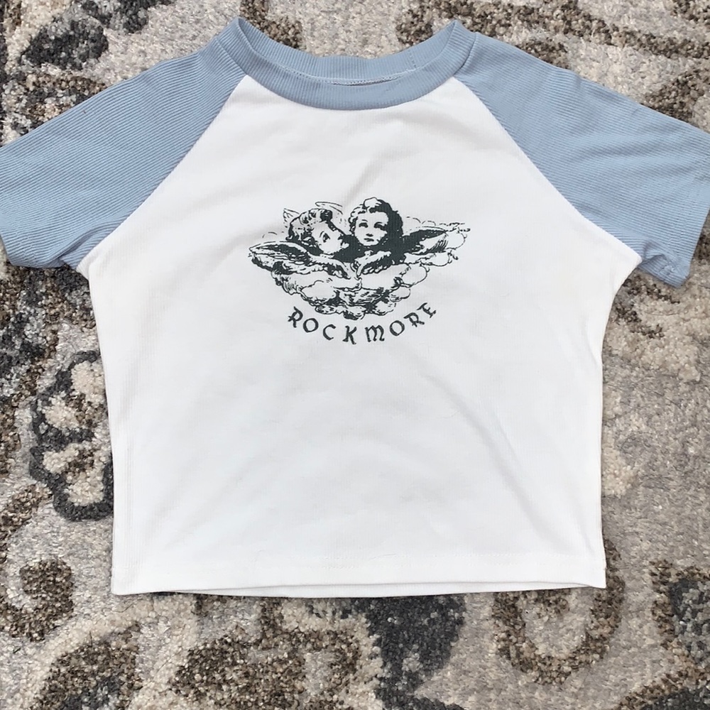 From Amazon, Blue and white graphic tee, Angels on the front of the shirt